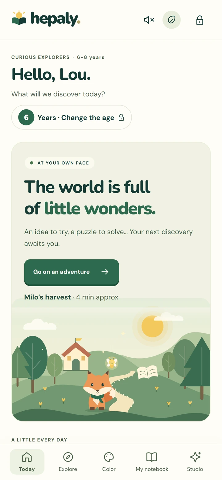 Hepaly home screen: “Hello, Lou.”, the ages 6–8 path