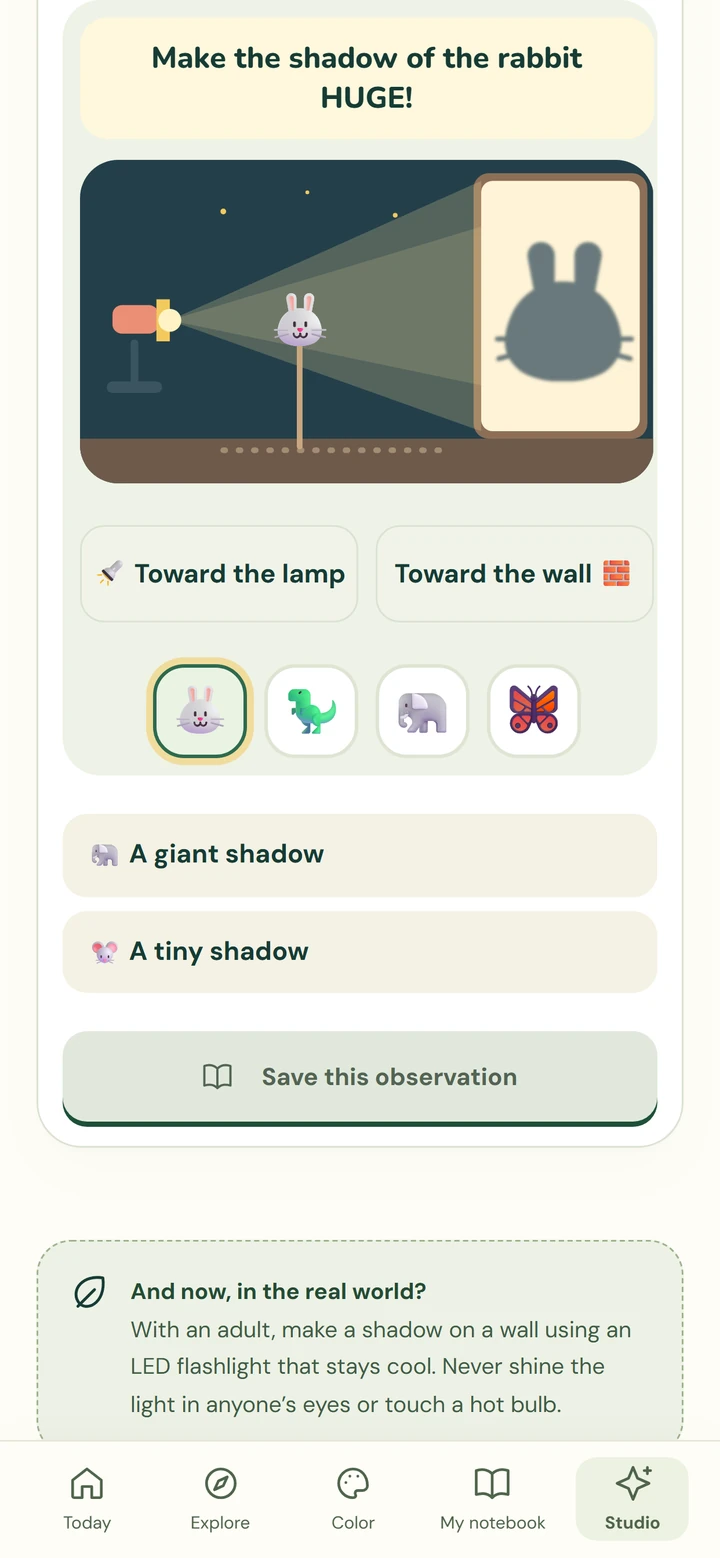 Shadow theater: move the lamp closer to make the rabbit’s shadow huge