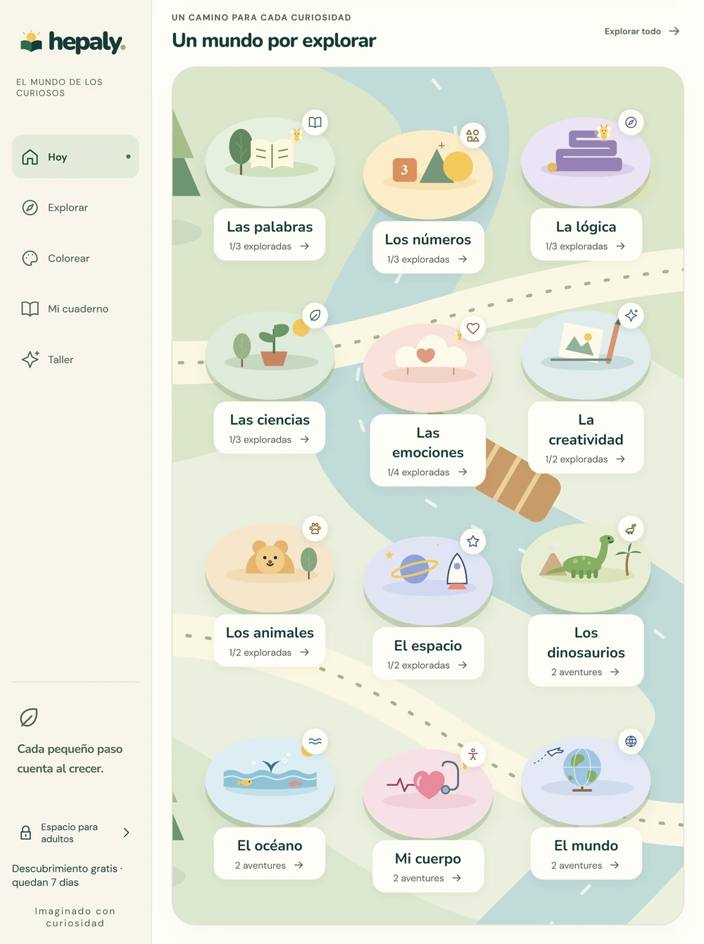 Hepaly en iPad: inicio y mapa de mundos